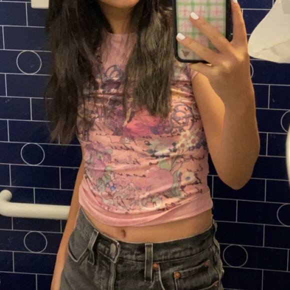 Vintage y2k pink graphic print side tie adjustable tee top - Picture 5 of 6